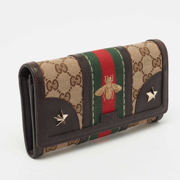 GUCCI Brown/Beige Canvas and Leather Bee Web Continental Wallet - Picture 4 of 8